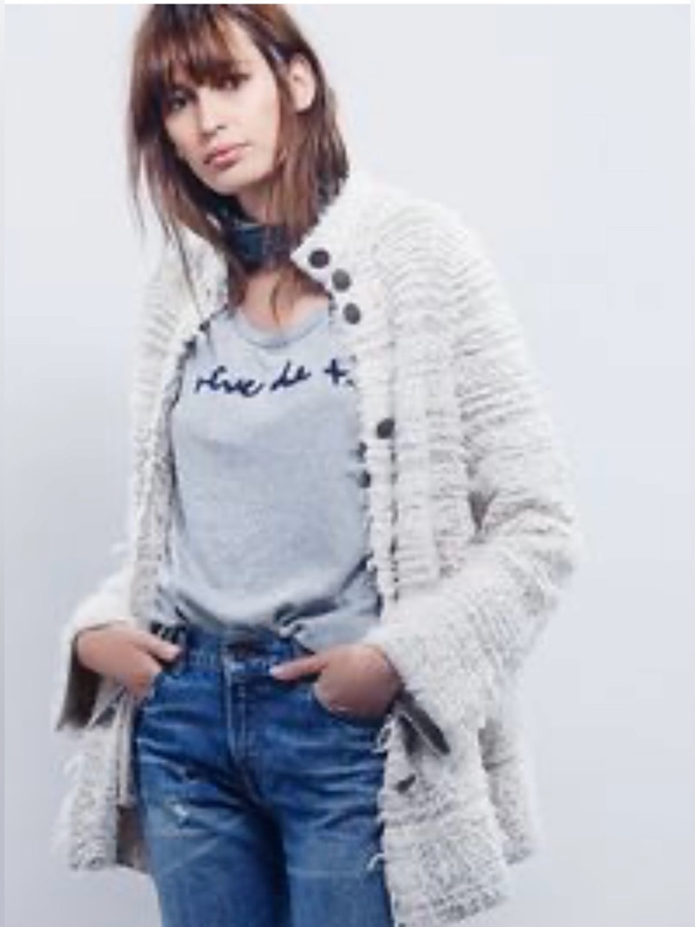 Free People Ivory Bouclé Button-Front Shag Cardigan Shacket, Sz M (P2P 19”)